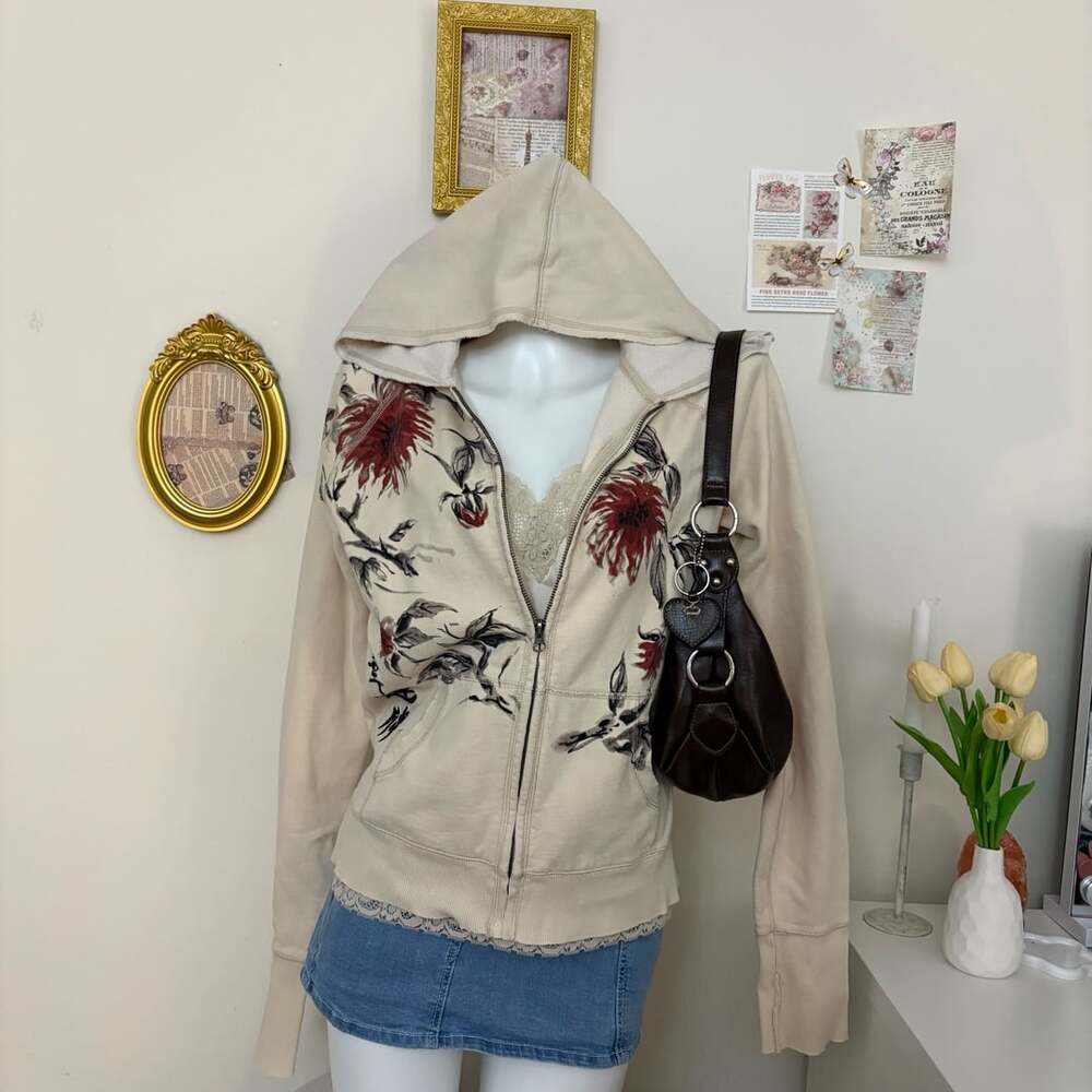 Lucky Brand Y2K vintage cream chinese calligraphy floral full zip hoodie sweatsh